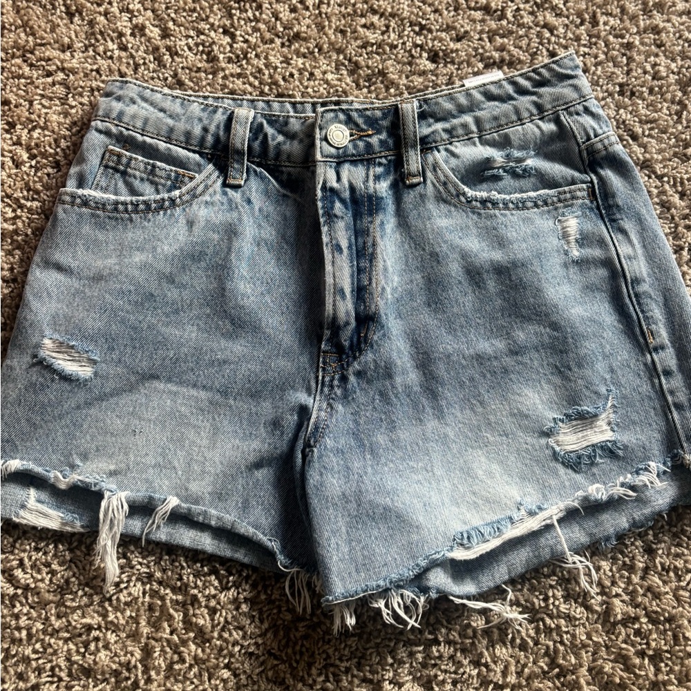 High-Rise Distressed Denim Shorts - Light Blue